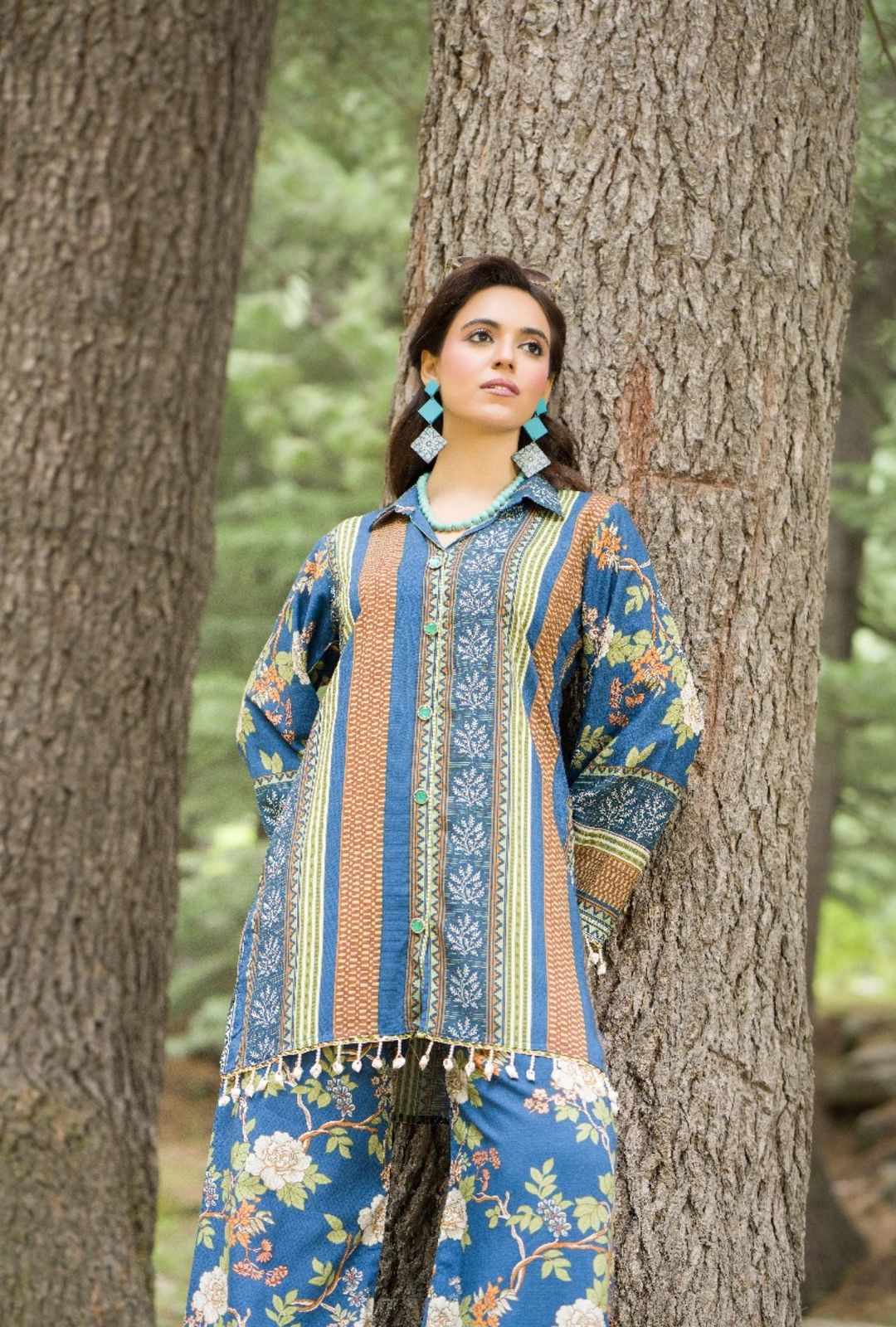 Striped & Floral Print Premium Linen 2-Piece Suit