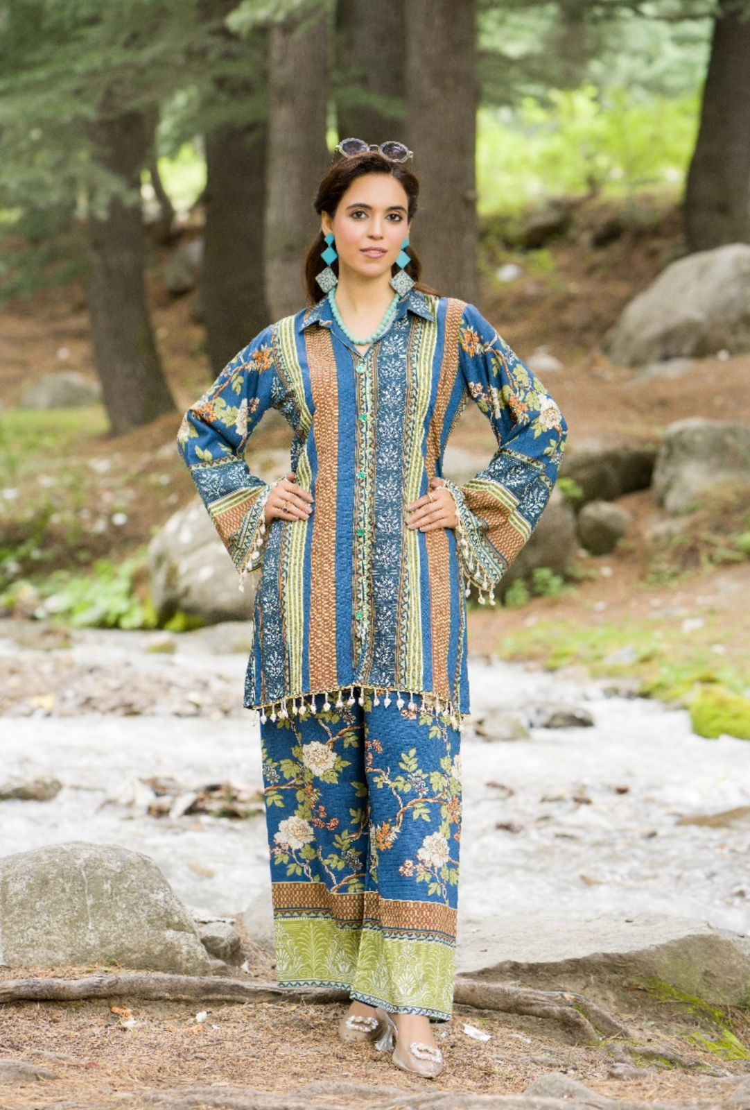 Striped & Floral Print Premium Linen 2-Piece Suit