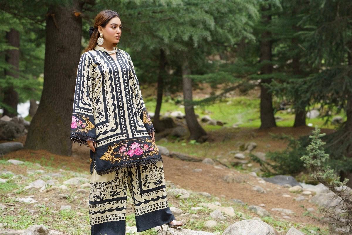 Premium Digital Printed Linen Suit (3.25 Meters) โ Black & Beige with Floral Accents