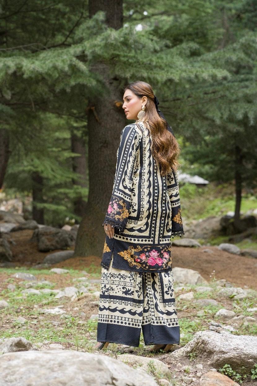 Premium Digital Printed Linen Suit (3.25 Meters) โ Black & Beige with Floral Accents