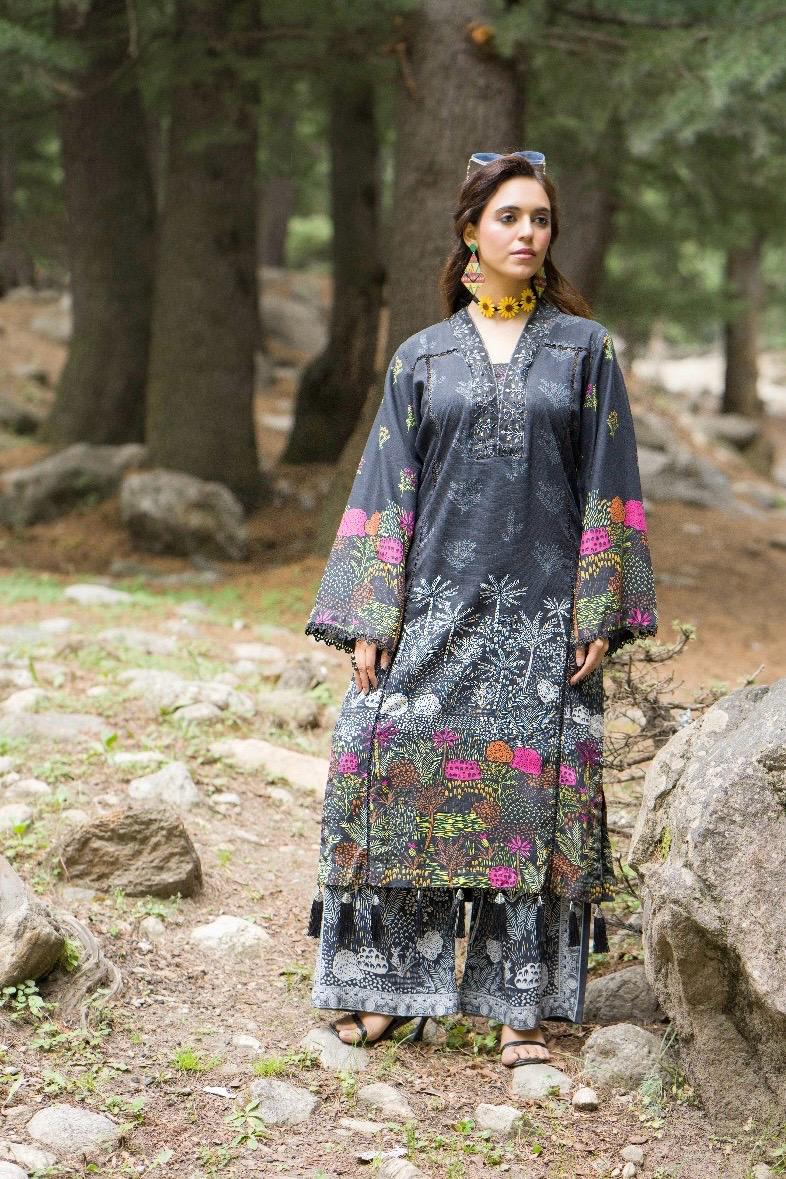 Premium Digital Printed Linen Suit (3.25 Meters) – Charcoal Black with Vibrant Botanical Print