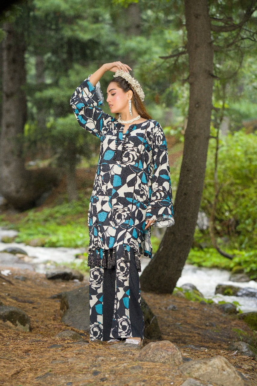 Premium Digital Printed Linen Suit (3.25 Meters) – Black & Teal with Bold Rose Abstract