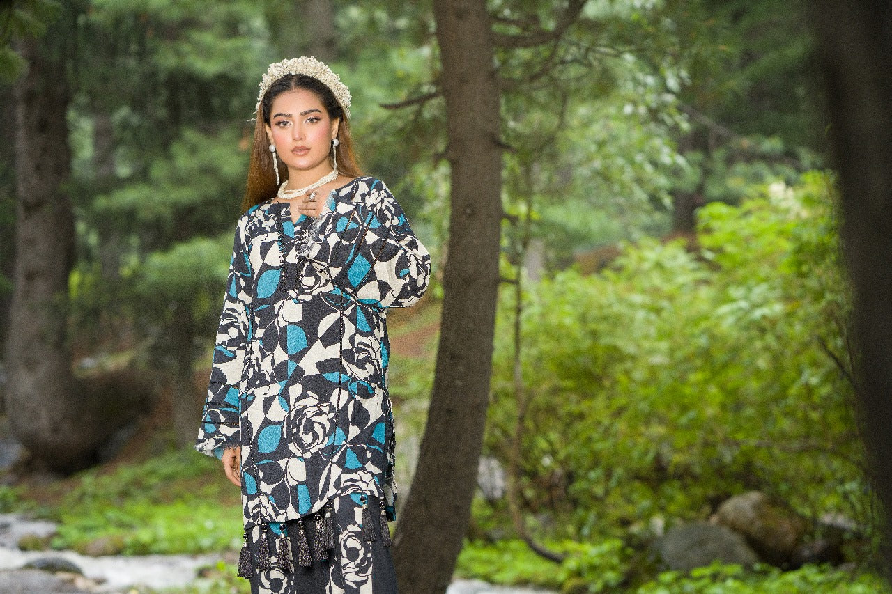 Premium Digital Printed Linen Suit (3.25 Meters) – Black & Teal with Bold Rose Abstract