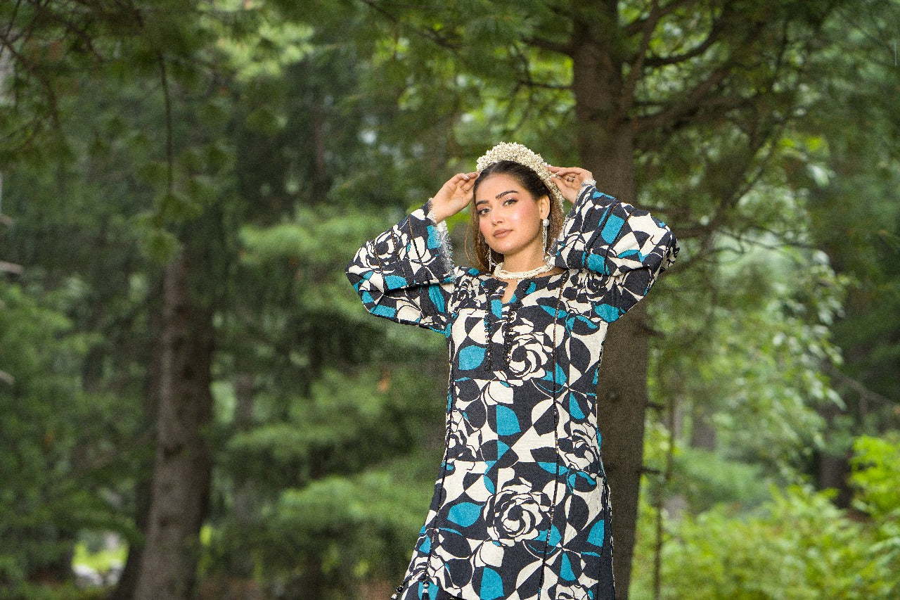 Premium Digital Printed Linen Suit (3.25 Meters) – Black & Teal with Bold Rose Abstract