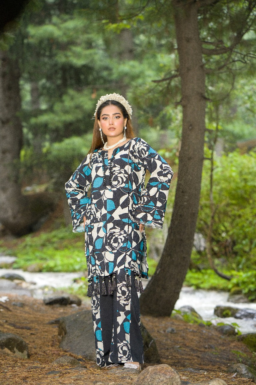 Premium Digital Printed Linen Suit (3.25 Meters) – Black & Teal with Bold Rose Abstract