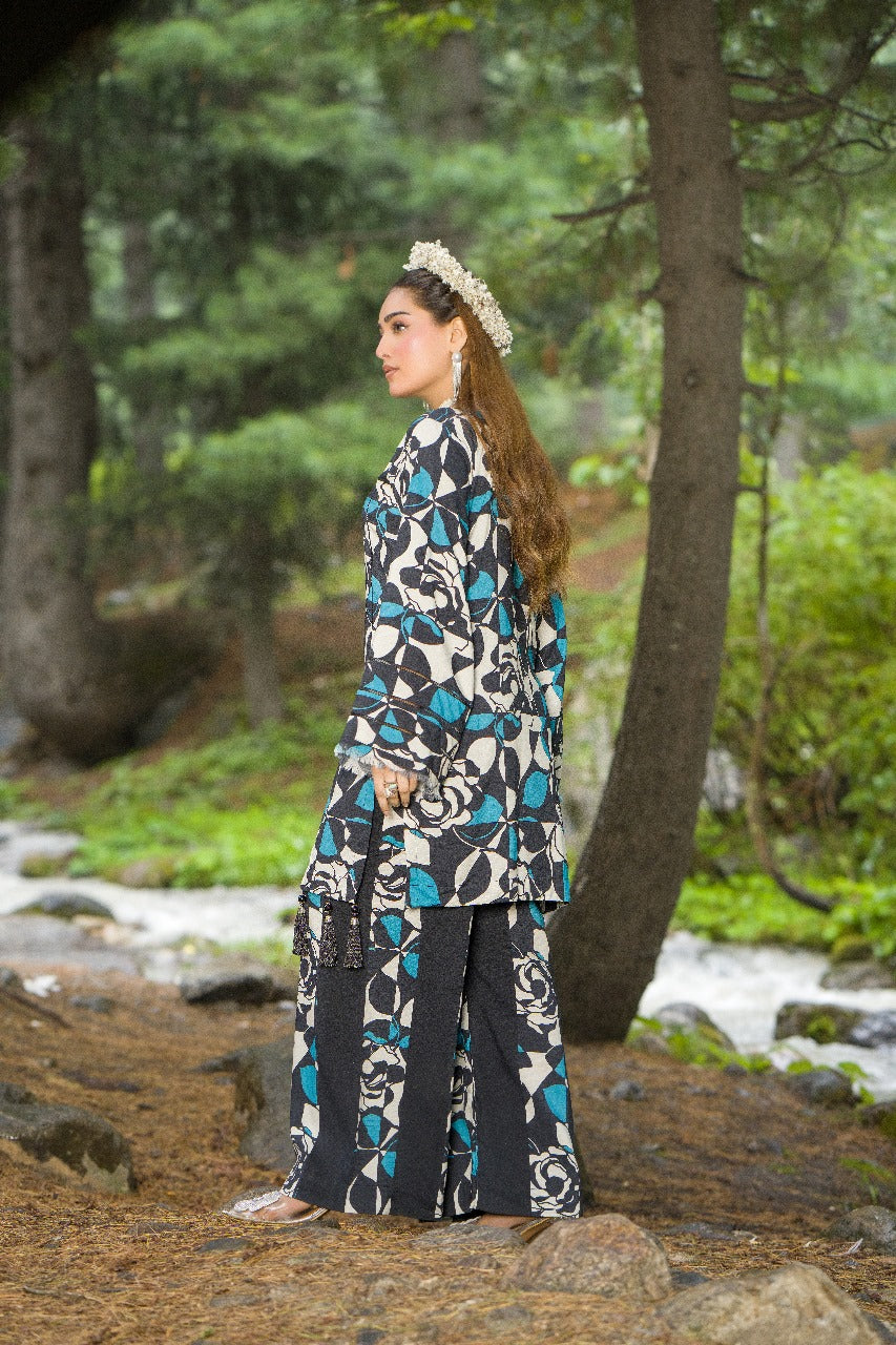 Premium Digital Printed Linen Suit (3.25 Meters) – Black & Teal with Bold Rose Abstract