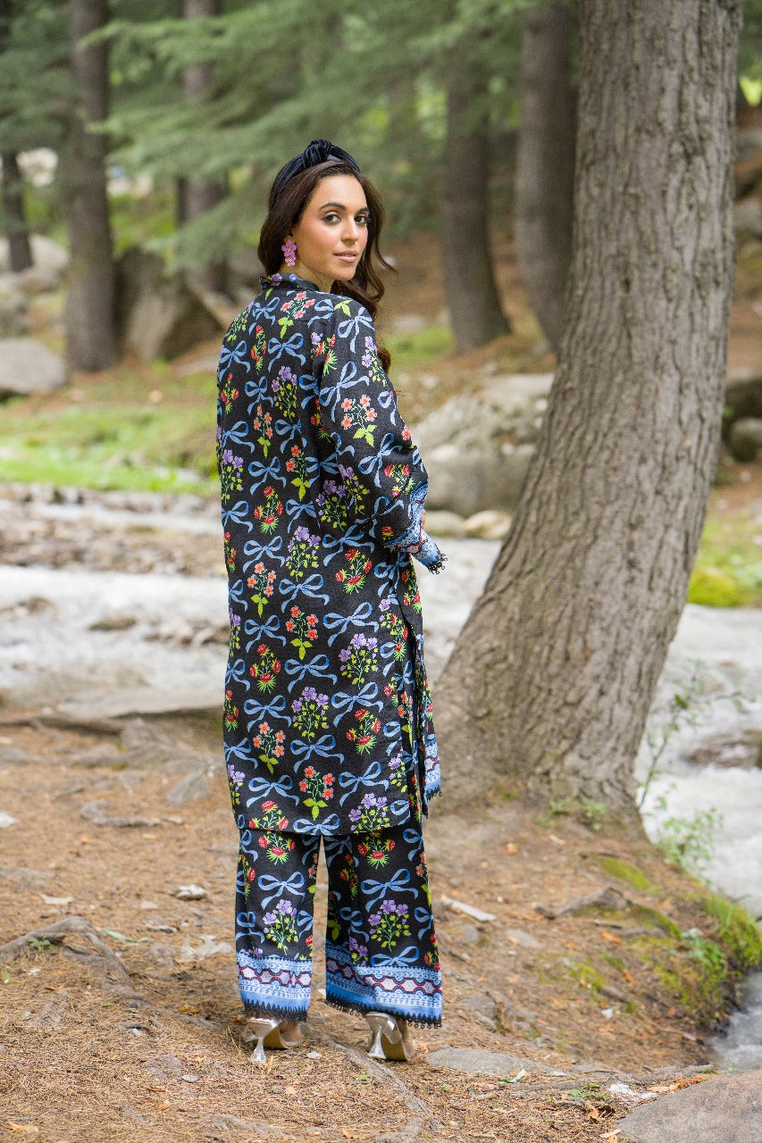 Premium Digital Printed Linen Suit (3.25 Meters) – Midnight Black with Multicolor Floral & Ribbon Motif
