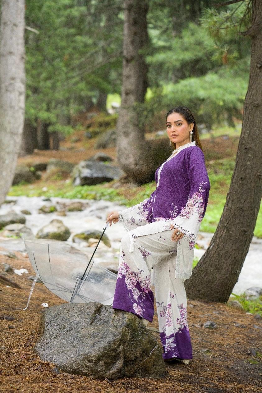 Premium Digital Printed Linen Suit (3.25 Meters) – Purple & White with Delicate Floral Grace