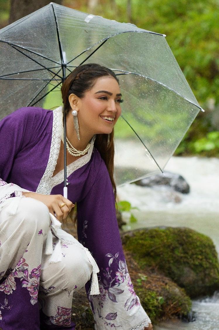 Premium Digital Printed Linen Suit (3.25 Meters) โ Purple & White with Delicate Floral Grace