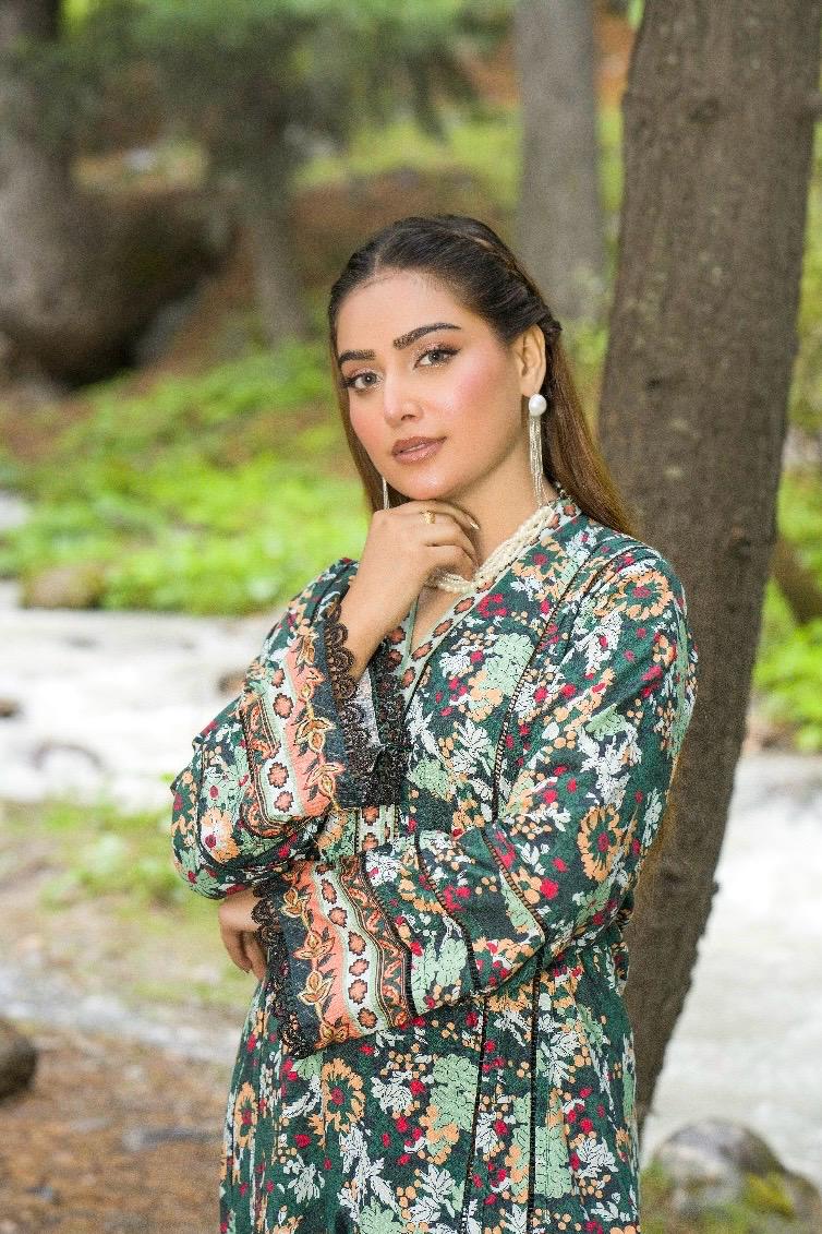 Premium Digital Printed Linen Suit (3.25 Meters) – Forest Green with Vintage Floral Charm