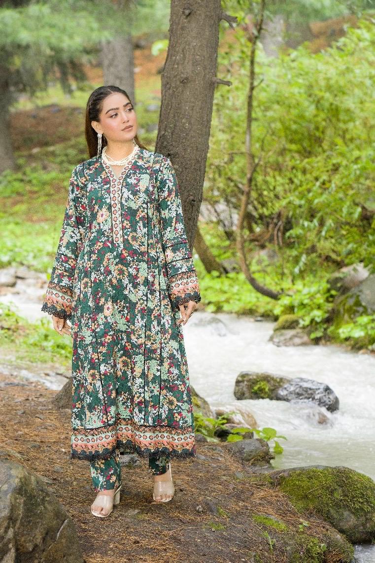 Premium Digital Printed Linen Suit (3.25 Meters) – Forest Green with Vintage Floral Charm