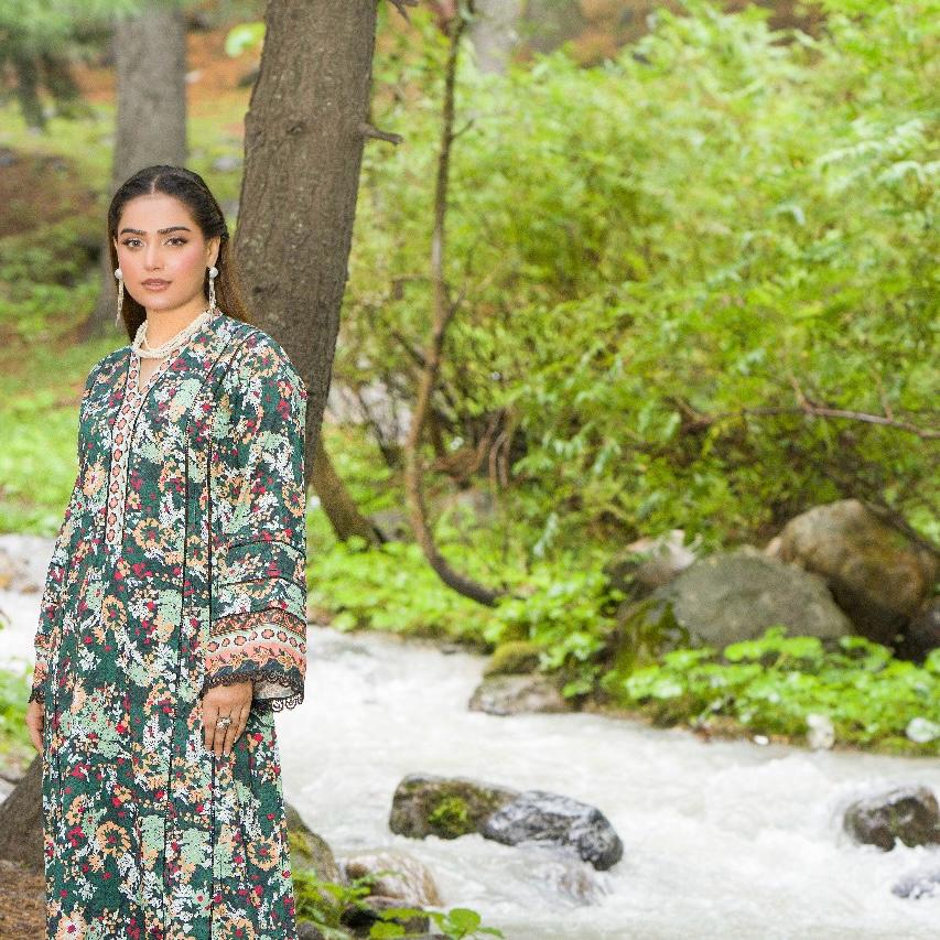 Premium Digital Printed Linen Suit (3.25 Meters) – Forest Green with Vintage Floral Charm
