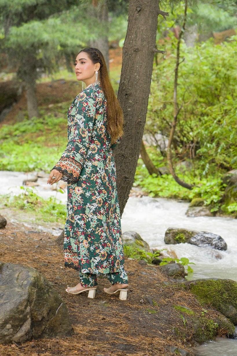 Premium Digital Printed Linen Suit (3.25 Meters) – Forest Green with Vintage Floral Charm