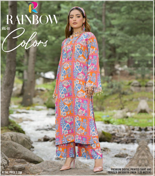 Multi-Color Botanical Print Premium Doriya Linen 2-Piece Suit