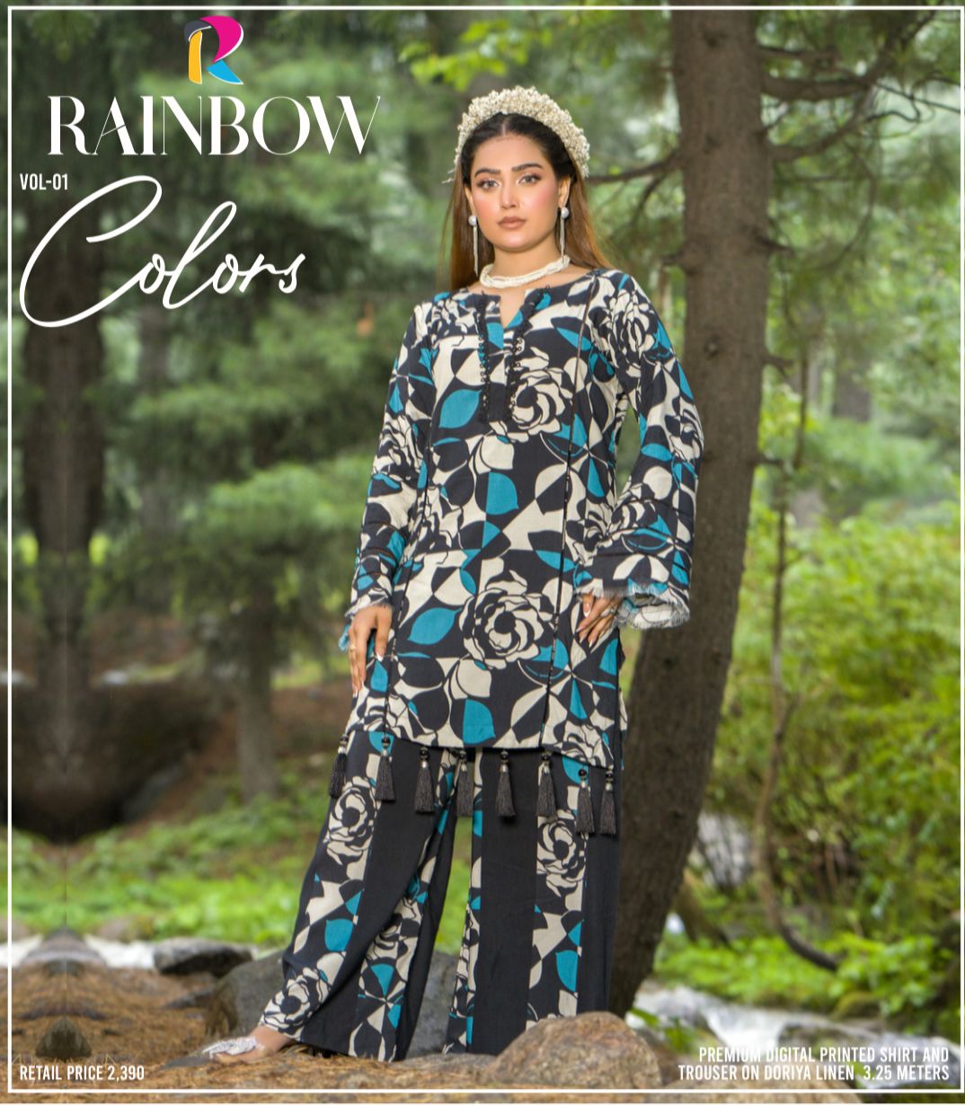Premium Digital Printed Linen Suit (3.25 Meters) – Black & Teal with Bold Rose Abstract