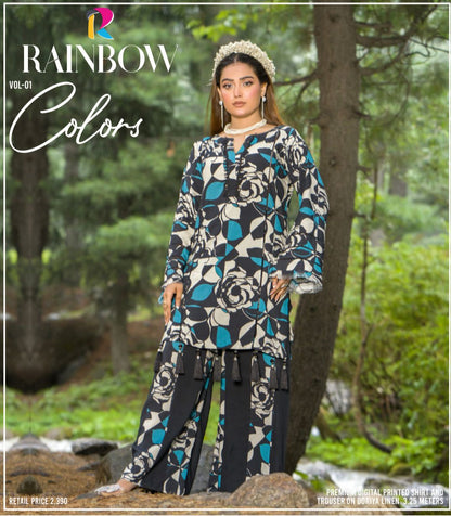 Premium Digital Printed Linen Suit (3.25 Meters) – Black & Teal with Bold Rose Abstract