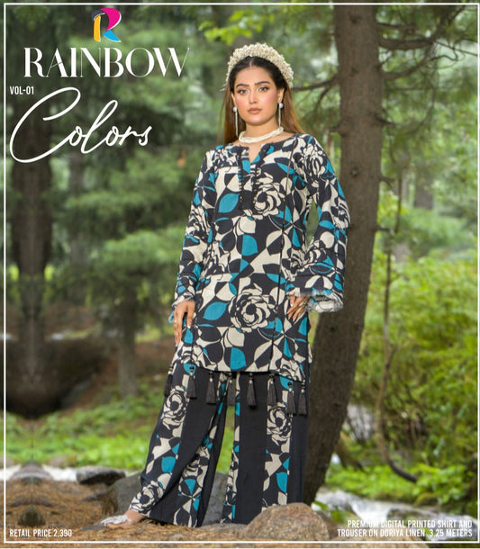 Premium Digital Printed Linen Suit (3.25 Meters) – Black & Teal with Bold Rose Abstract