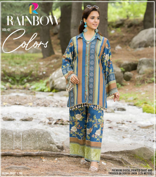 Striped & Floral Print Premium Linen 2-Piece Suit