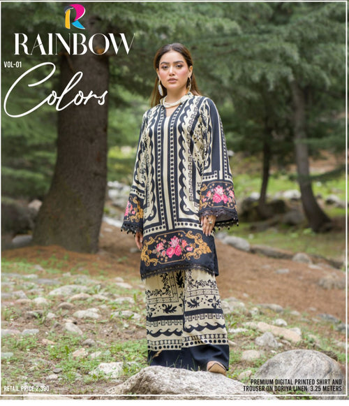 Premium Digital Printed Linen Suit (3.25 Meters) – Black & Beige with Floral Accents