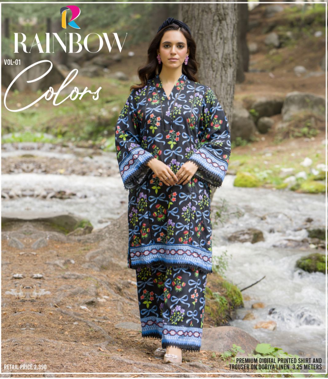 Premium Digital Printed Linen Suit (3.25 Meters) – Midnight Black with Multicolor Floral & Ribbon Motif