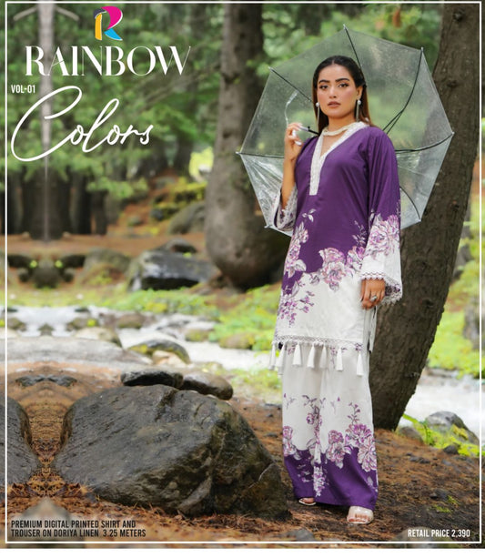 Premium Digital Printed Linen Suit (3.25 Meters) – Purple & White with Delicate Floral Grace