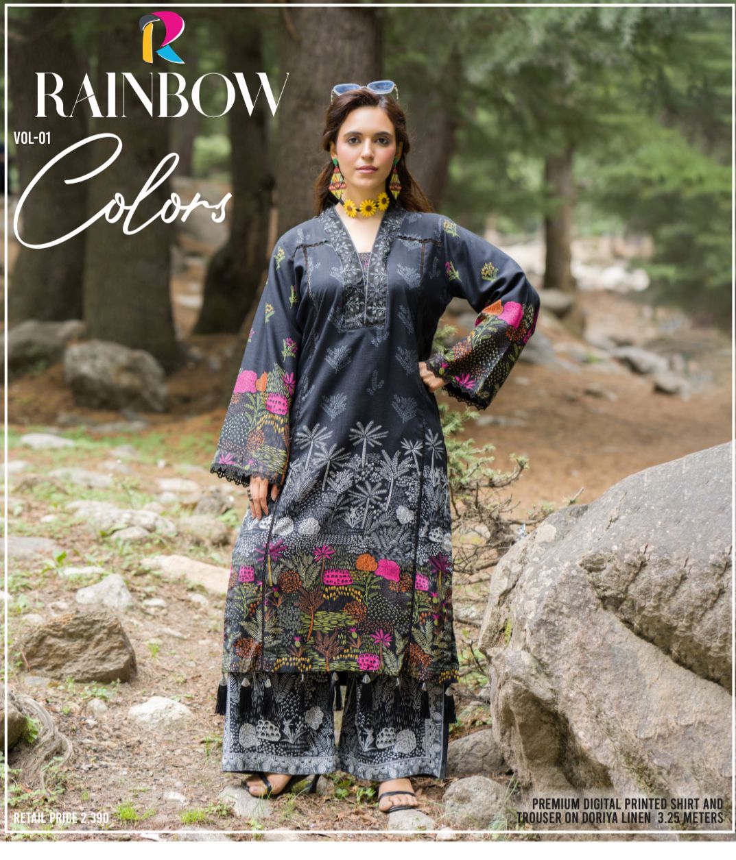 Premium Digital Printed Linen Suit (3.25 Meters) – Charcoal Black with Vibrant Botanical Print
