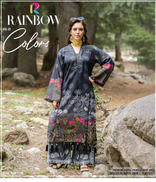Premium Digital Printed Linen Suit (3.25 Meters) – Charcoal Black with Vibrant Botanical Print