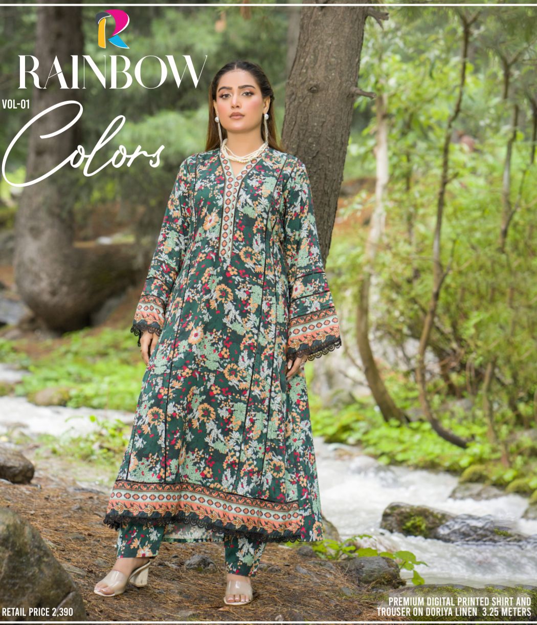 Premium Digital Printed Linen Suit (3.25 Meters) – Forest Green with Vintage Floral Charm
