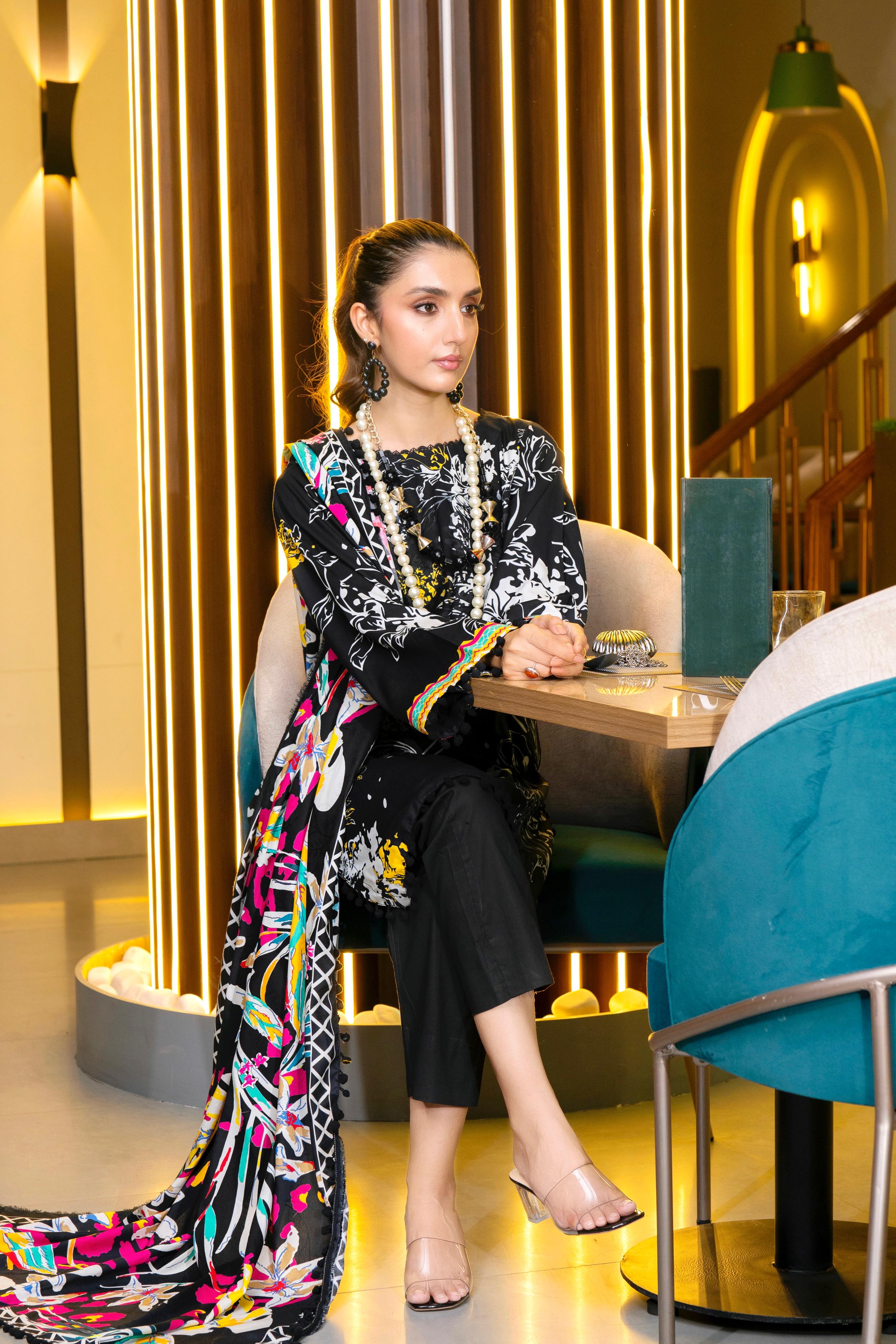 Elegant 3-Piece Black Floral Ensemble – Modern Meets Traditional