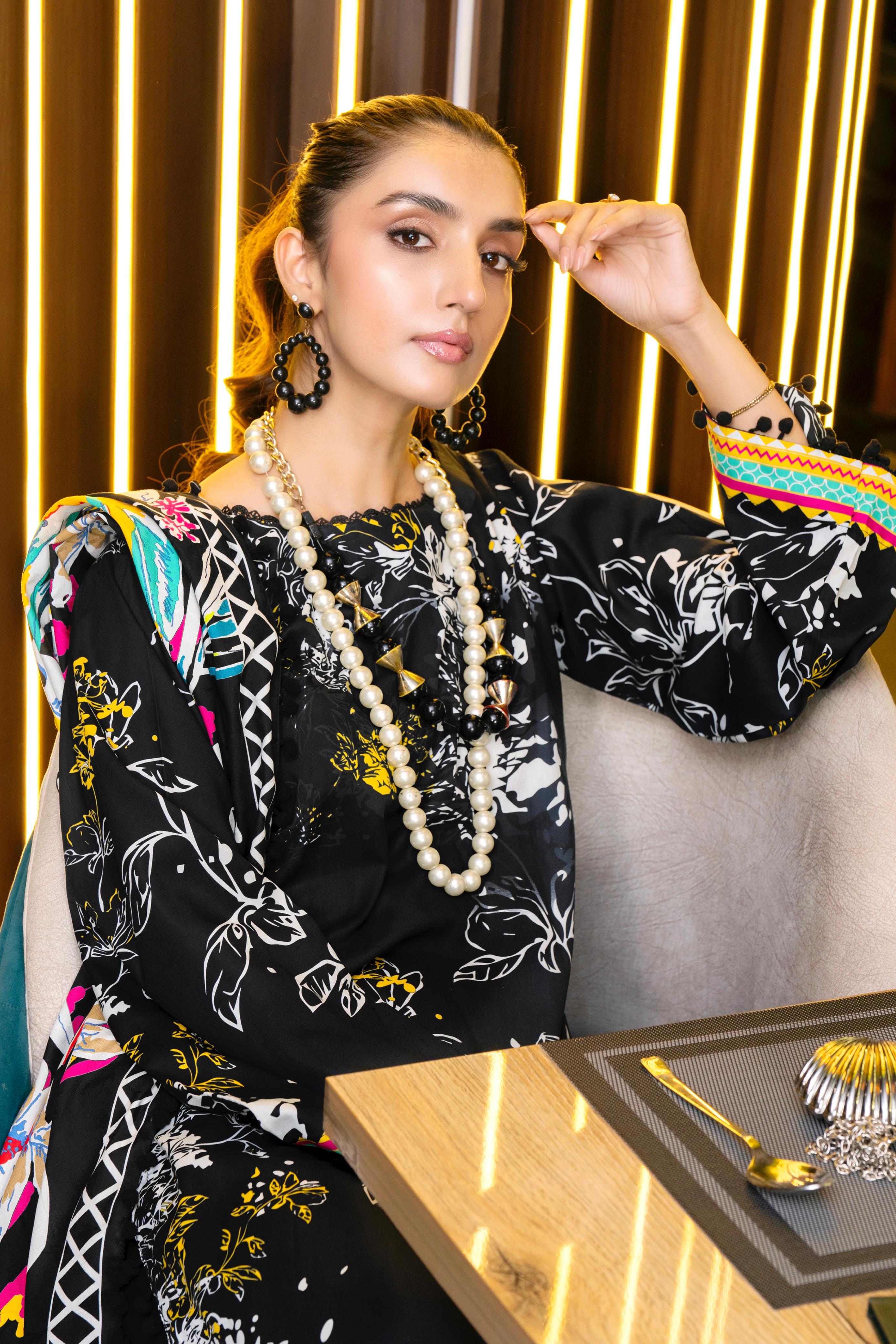 Elegant 3-Piece Black Floral Ensemble – Modern Meets Traditional