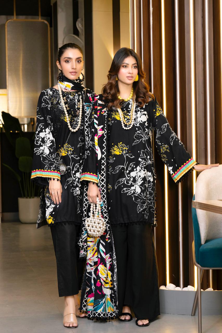 Elegant 3-Piece Black Floral Ensemble – Modern Meets Traditional