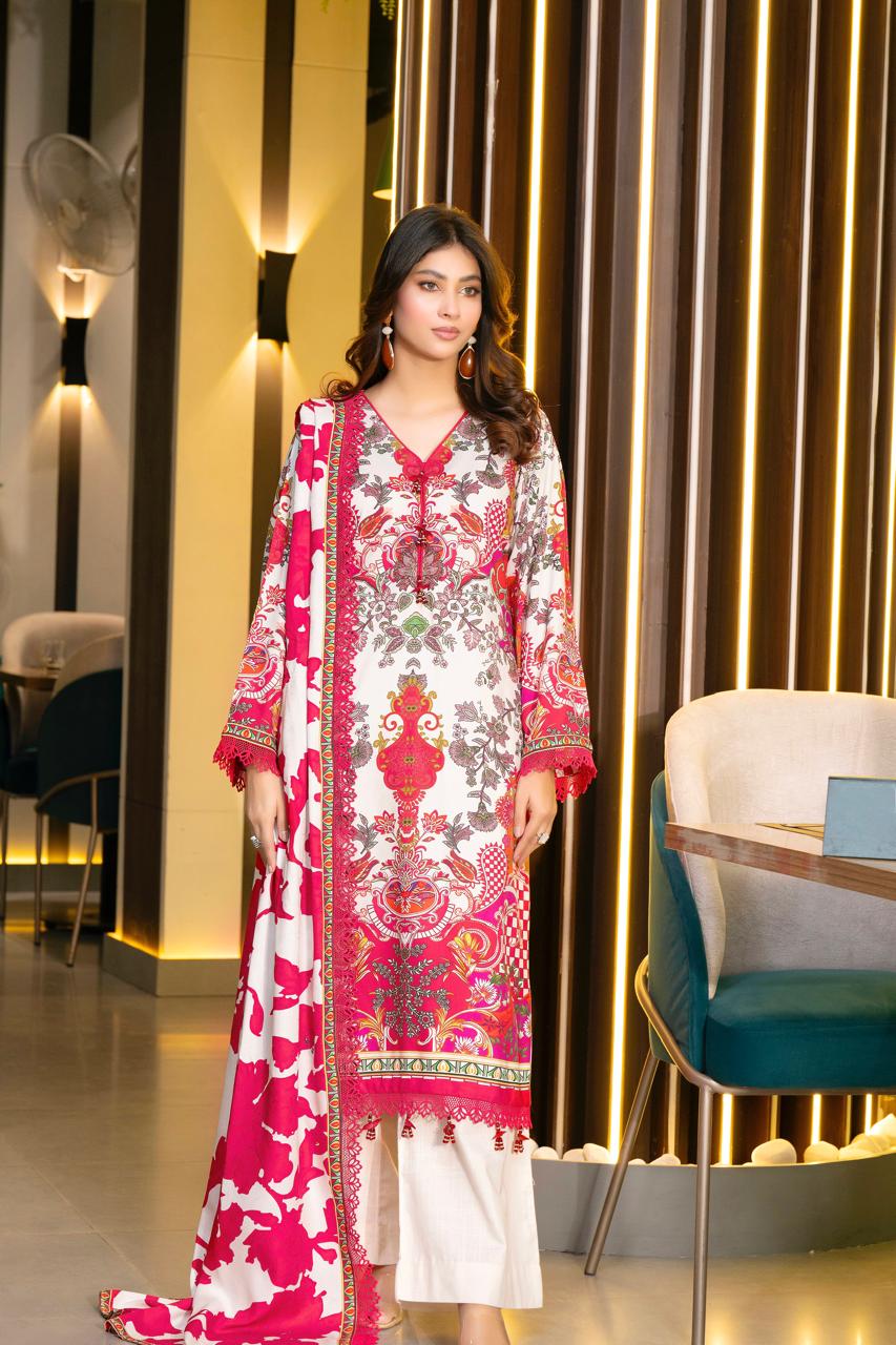 Elegant 3-Piece Red & White Printed Suit – Grace in Every Detail
