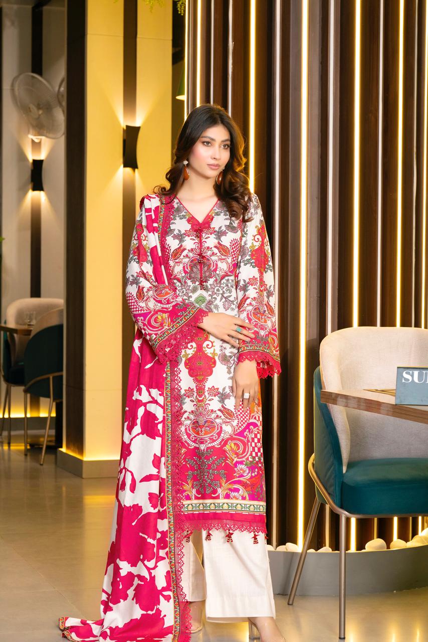 Elegant 3-Piece Red & White Printed Suit – Grace in Every Detail