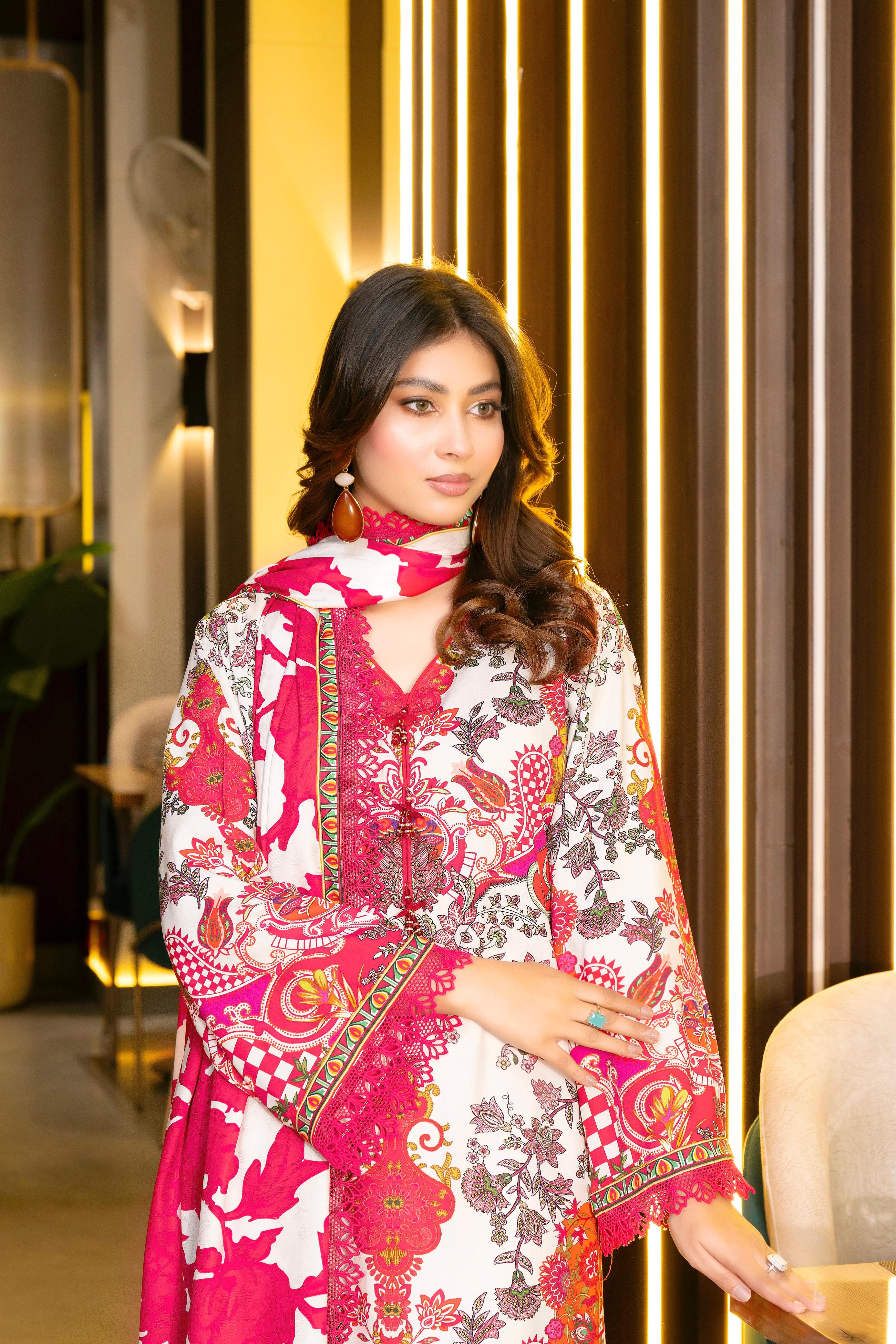 Elegant 3-Piece Red & White Printed Suit – Grace in Every Detail