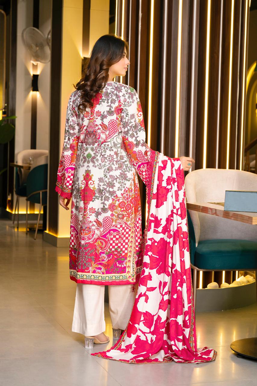 Elegant 3-Piece Red & White Printed Suit – Grace in Every Detail