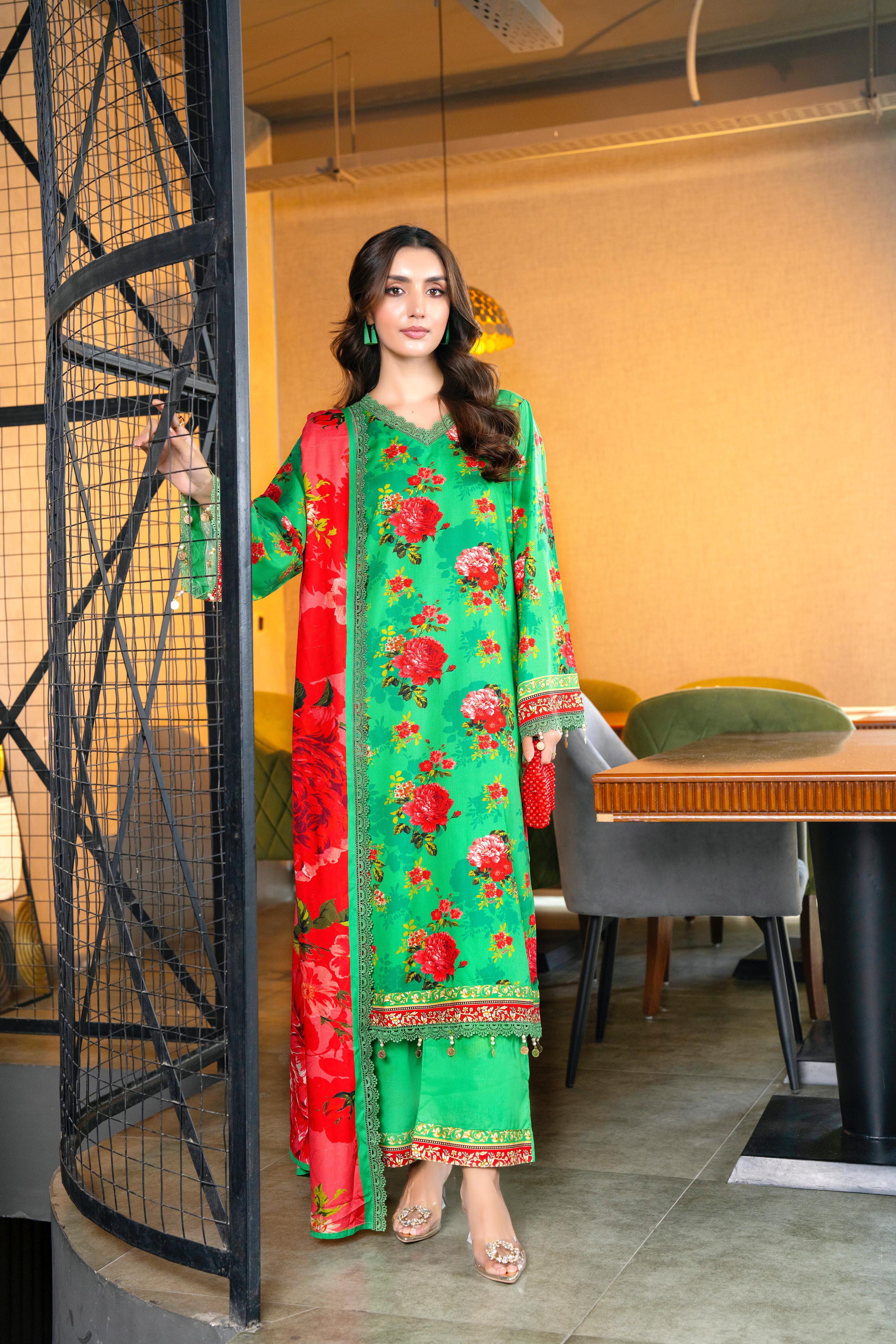 Elegant 3PCS Green & Red Floral Linen Suit
