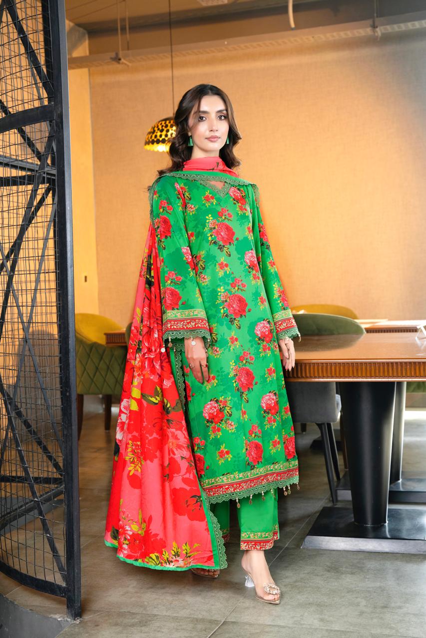 Elegant 3PCS Green & Red Floral Linen Suit