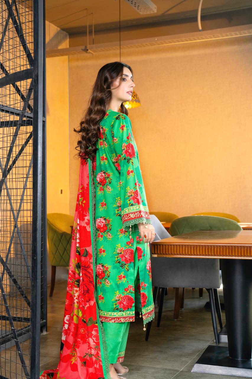 Elegant 3PCS Green & Red Floral Linen Suit