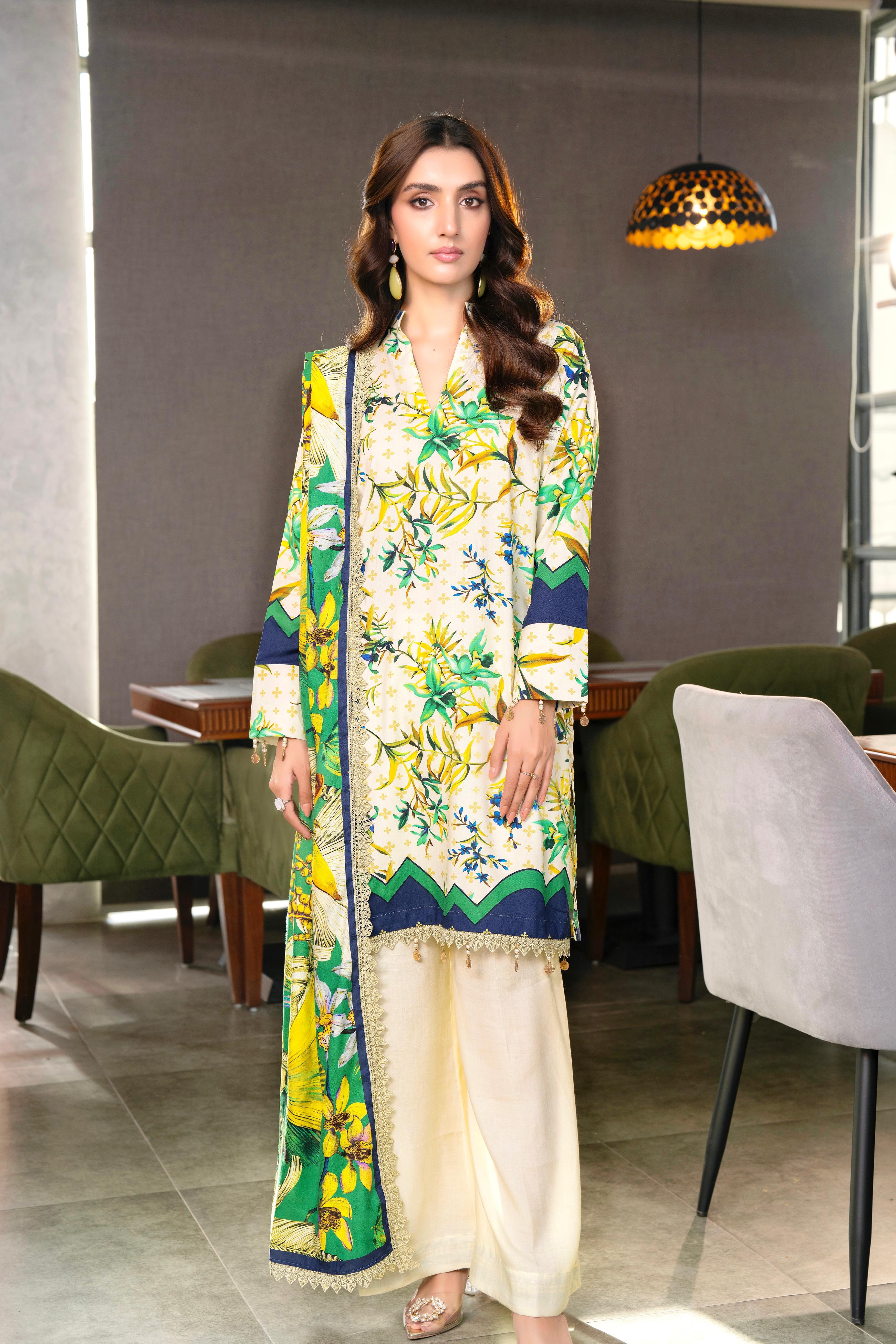 Elegant 3PCS Cream & Green Floral Linen Suit