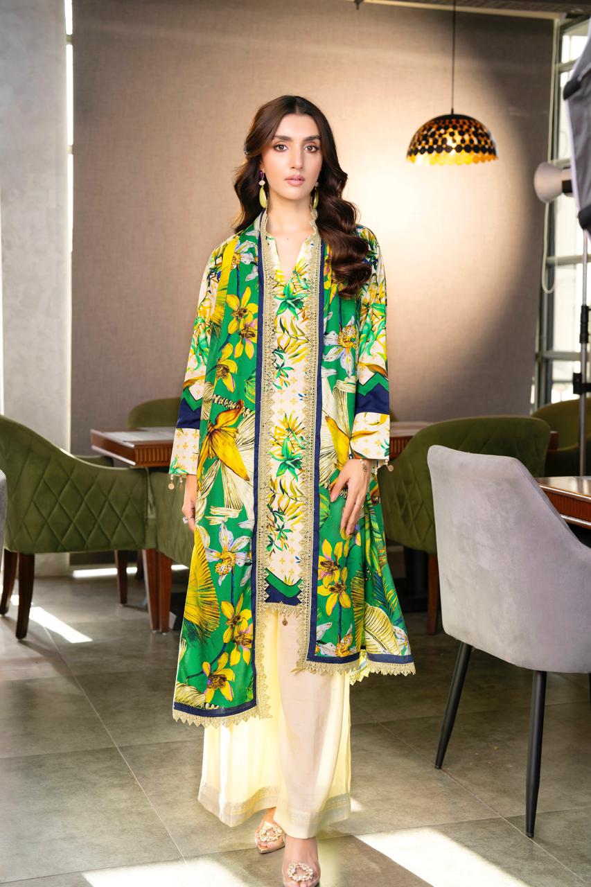 Elegant 3PCS Cream & Green Floral Linen Suit