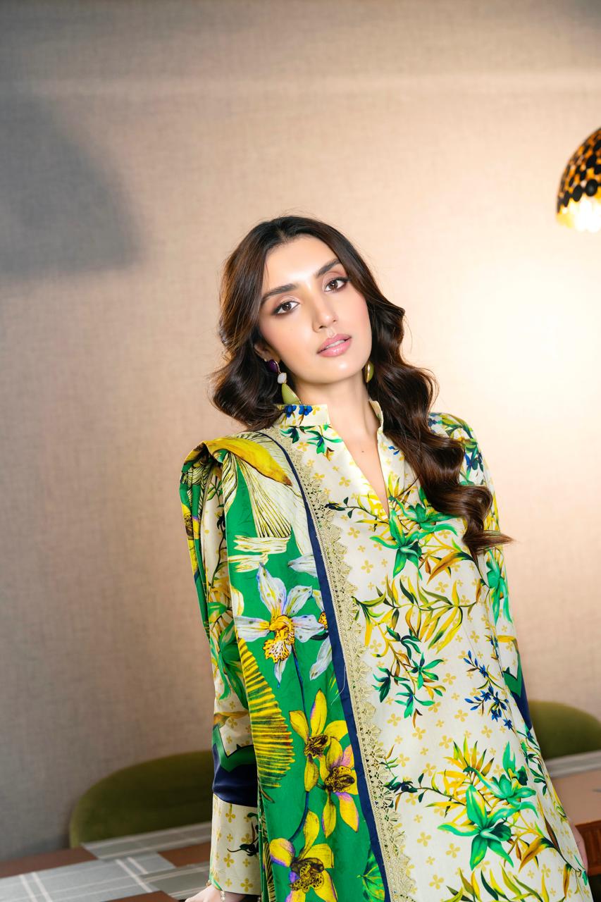 Elegant 3PCS Cream & Green Floral Linen Suit