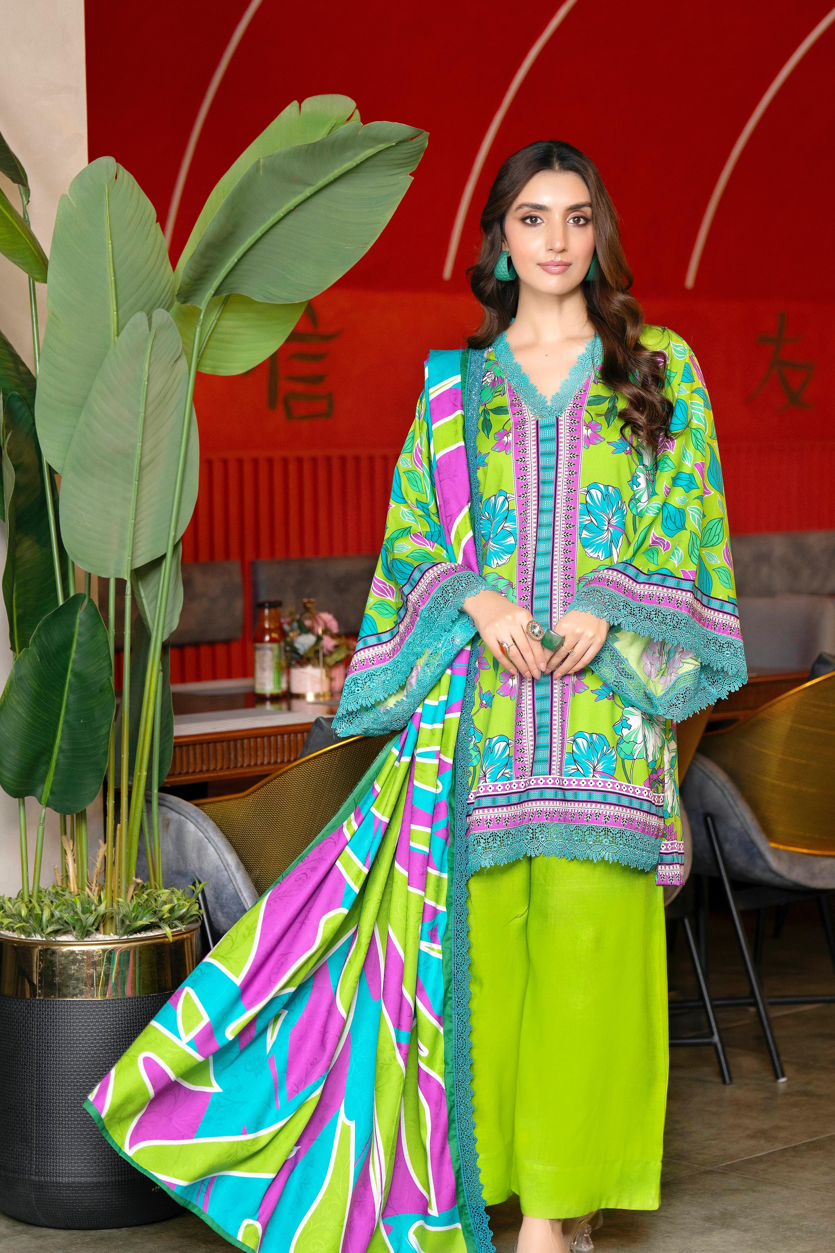 Vibrant 3PCS Lime Green & Blue Printed Linen Suit