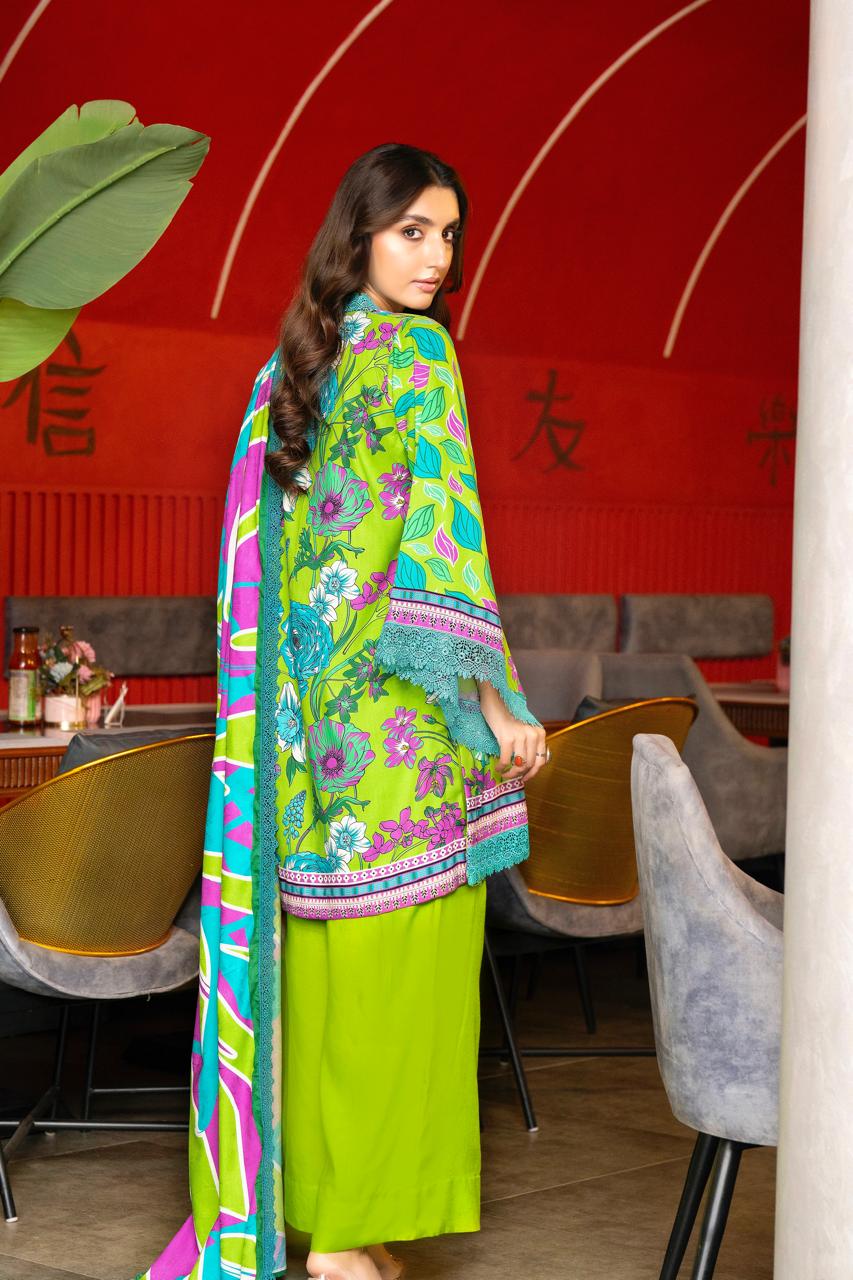 Vibrant 3PCS Lime Green & Blue Printed Linen Suit