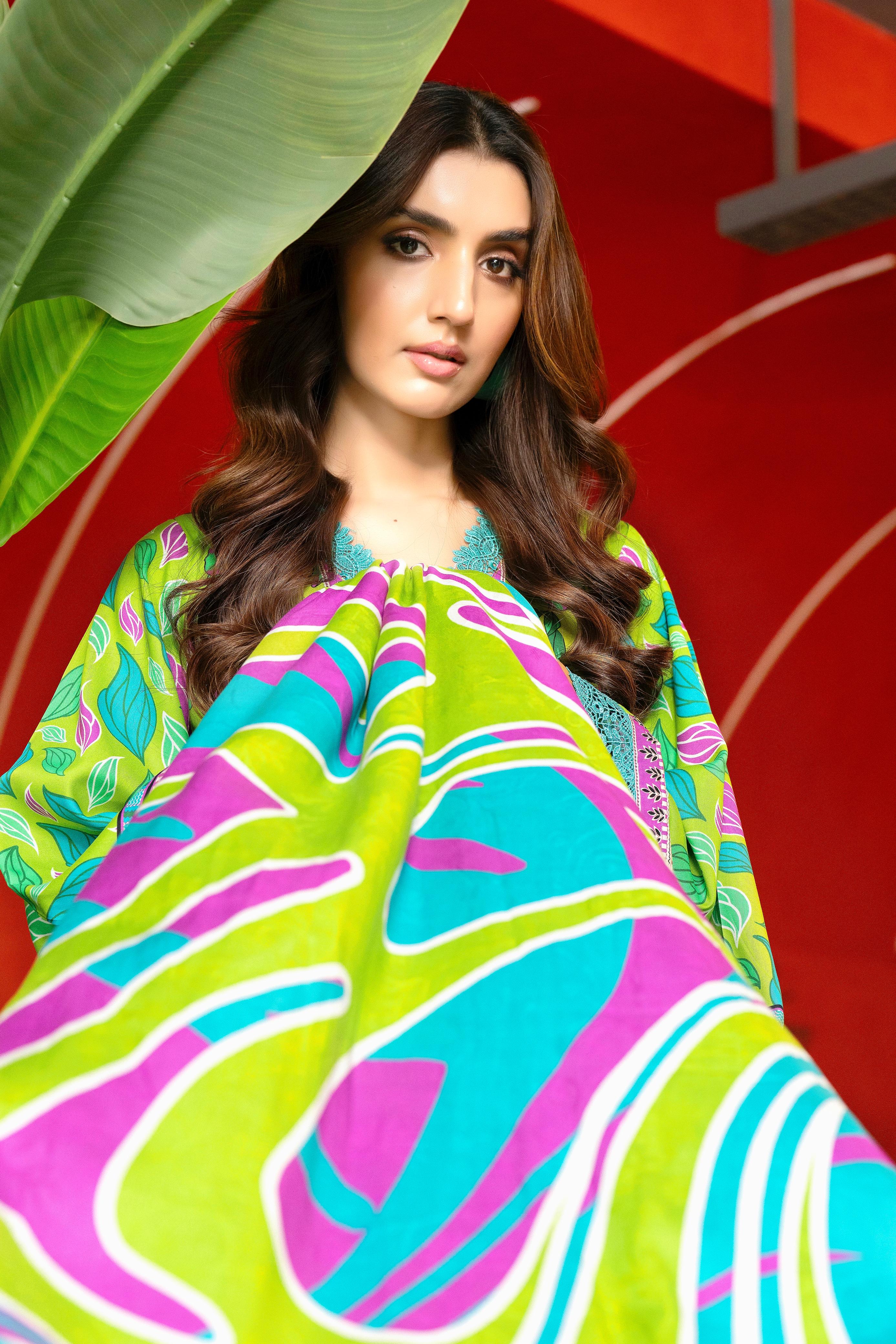 Vibrant 3PCS Lime Green & Blue Printed Linen Suit