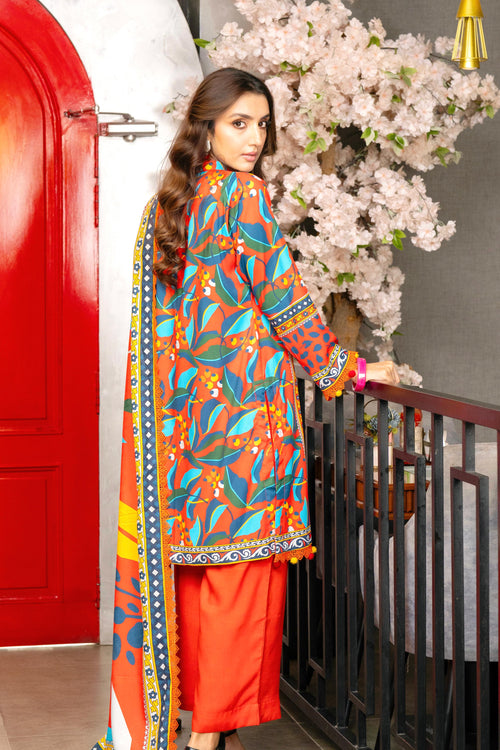 Bold Bloom: Vibrant Orange & Blue Printed 3-Piece Lawn Suit