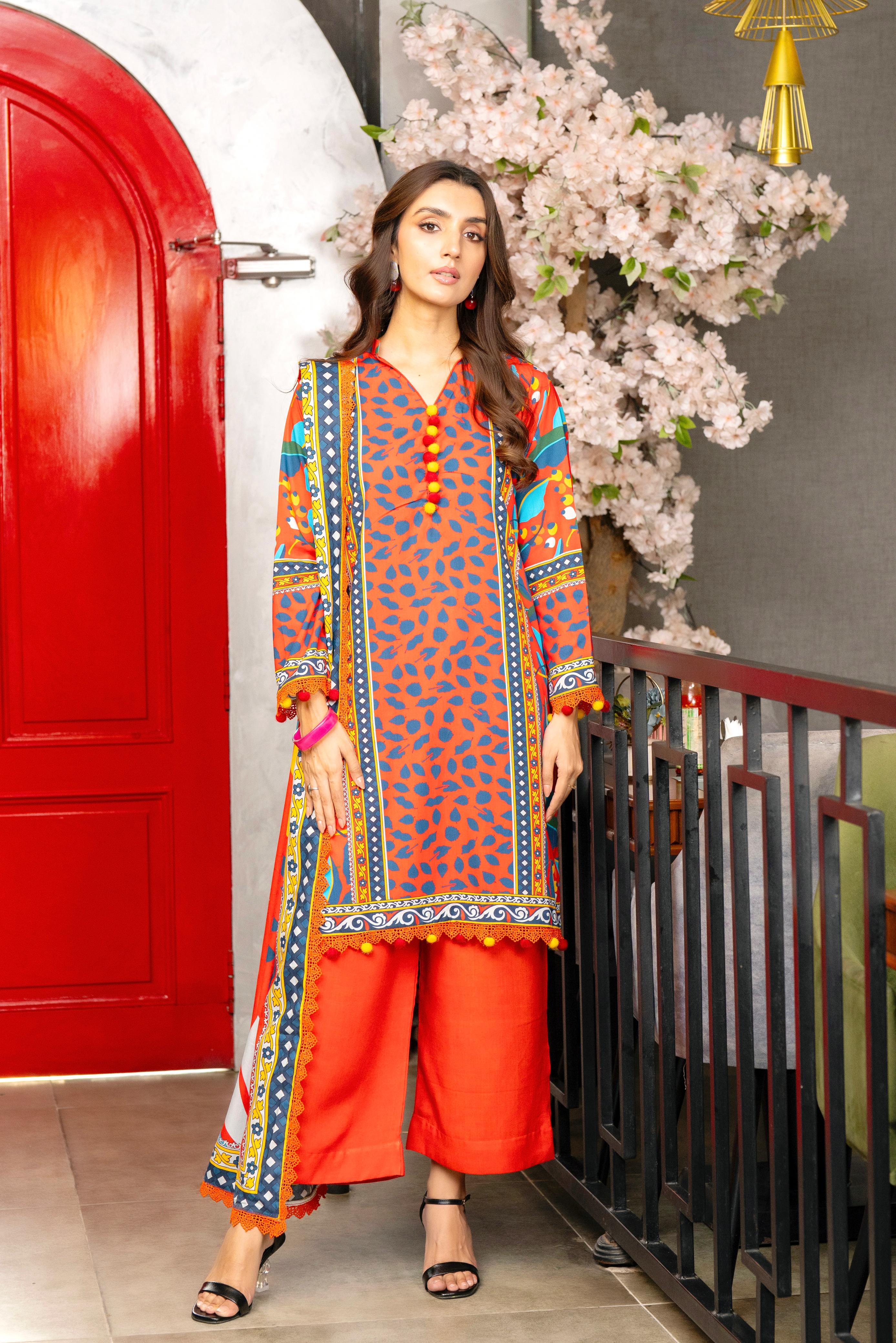 Bold Bloom: Vibrant Orange & Blue Printed 3-Piece Lawn Suit