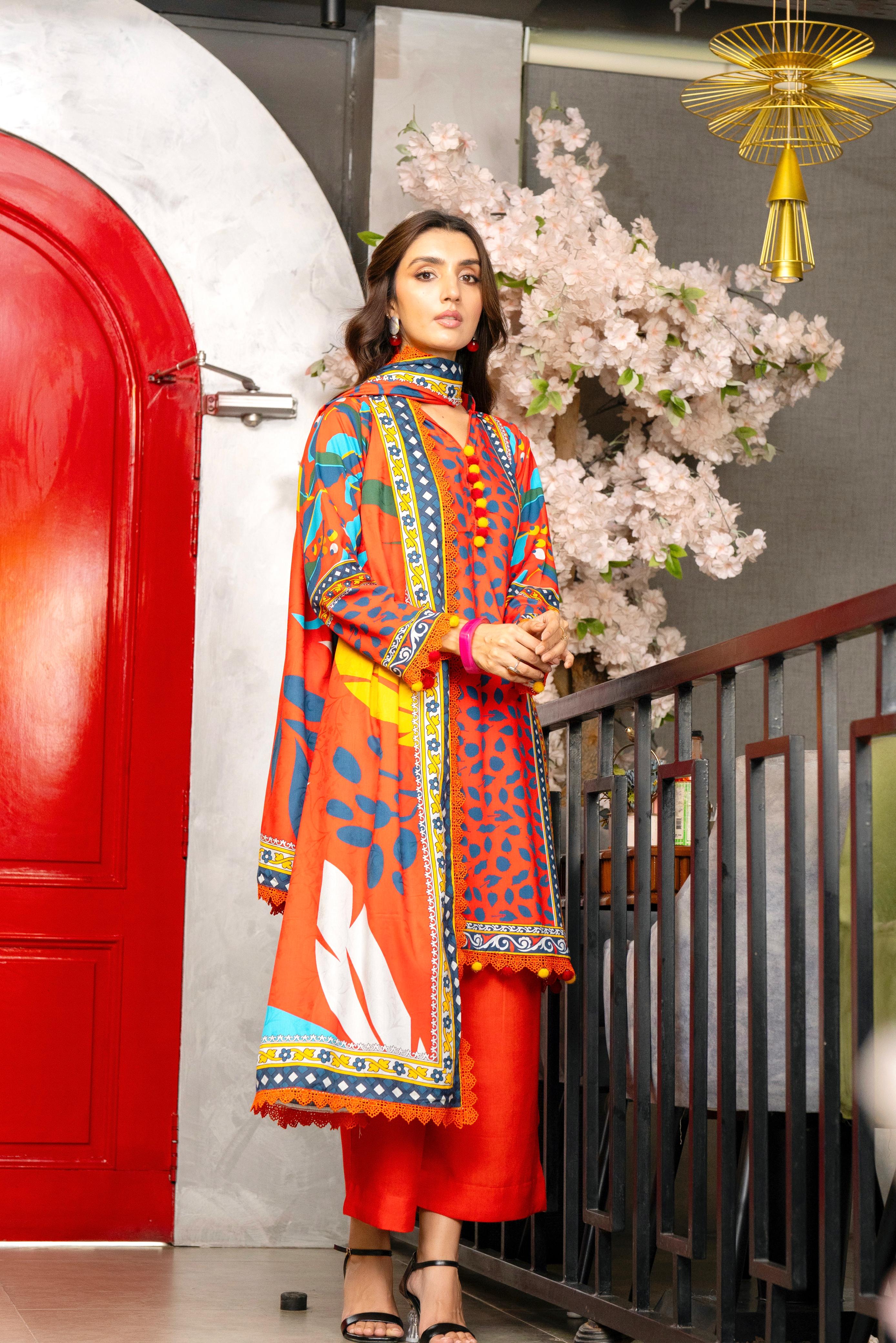 Bold Bloom: Vibrant Orange & Blue Printed 3-Piece Lawn Suit