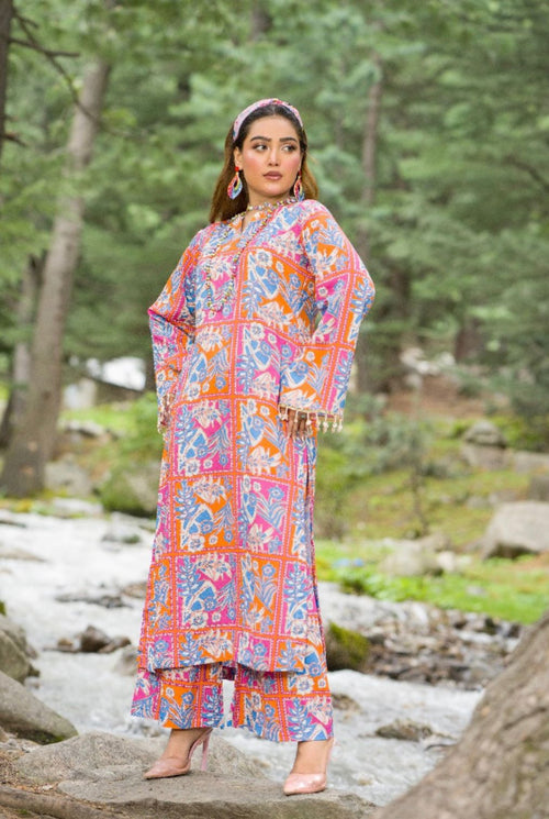 Multi-Color Botanical Print Premium Doriya Linen 2-Piece Suit