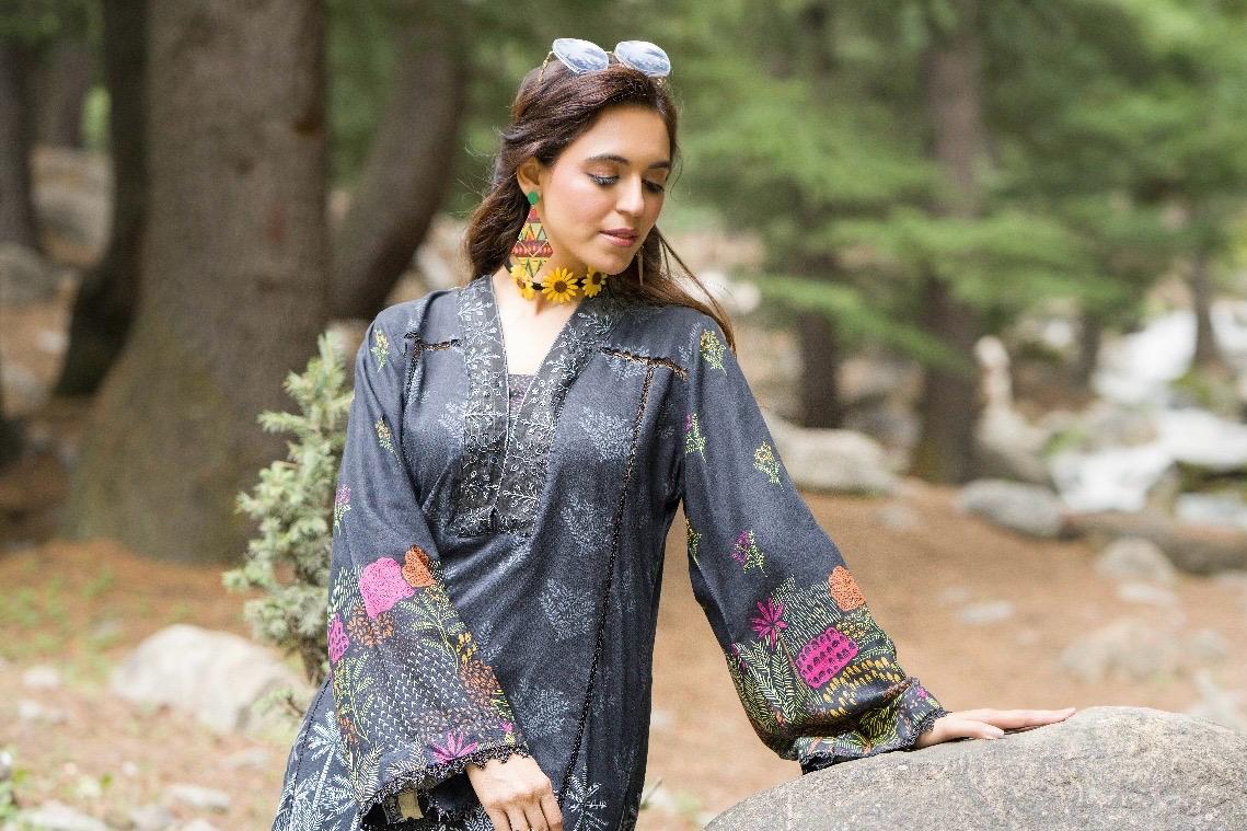 Premium Digital Printed Linen Suit (3.25 Meters) – Charcoal Black with Vibrant Botanical Print