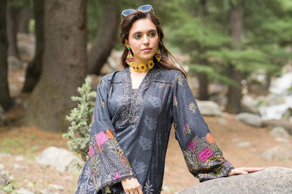 Premium Digital Printed Linen Suit (3.25 Meters) – Charcoal Black with Vibrant Botanical Print